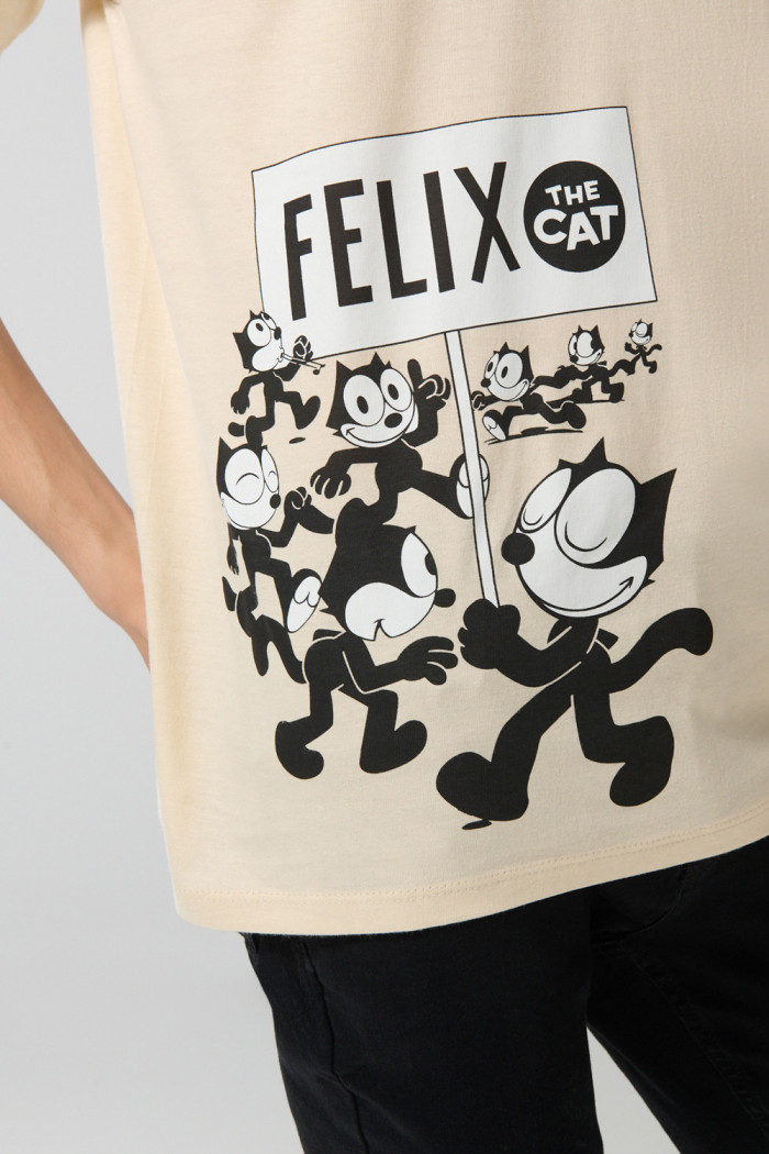 Camiseta kaki cuello redondo con arte de Félix el Gato