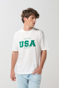 Camiseta manga corta crema con arte college verde