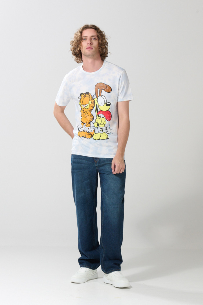 Camiseta crema tie dye manga corta con arte de Garfield