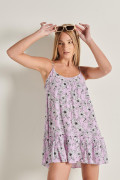 Vestido lila claro corto con manga sisa, tiras delgadas y diseños de flores