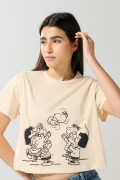 Camiseta crop top kaki clara con estampado de Snoopy