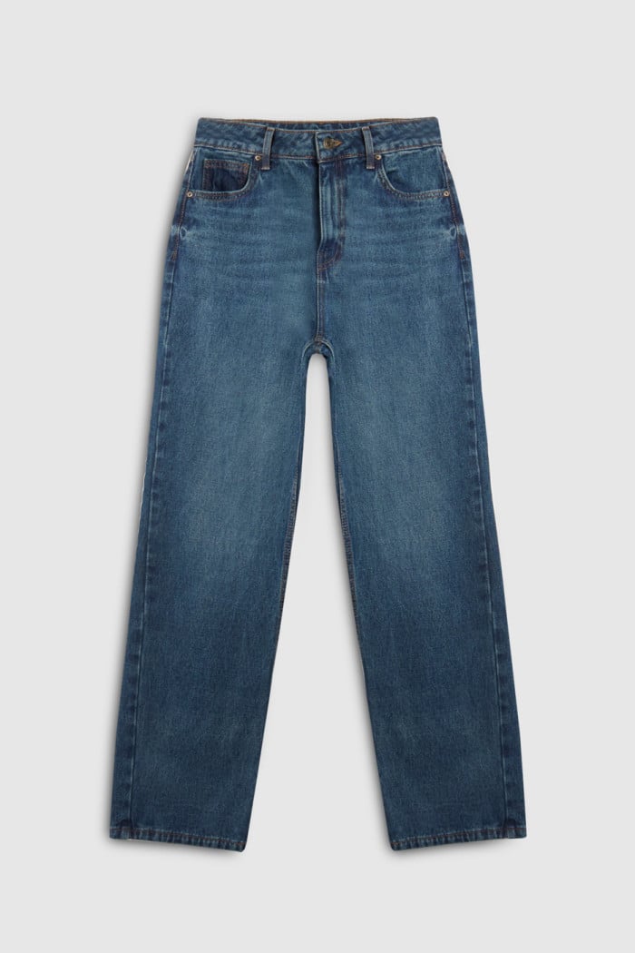 Jean 90´S azul oscuro con cremallera, tiro alto y bota recta