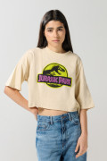 Camiseta oversize kaki crop top con arte de Jurassic Park