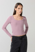 Camiseta manga larga unicolor con escote en U y texturas