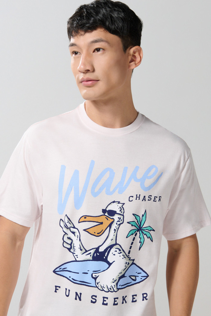 Camiseta cuello redondo unicolor con diseño de playa