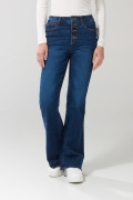 Jean azul oscuro flare con bota ancha, botones y tiro alto