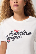 Camiseta crop top crema clara con arte college delantero