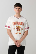 Camiseta cuello V oversize crema con arte de Harry Potter