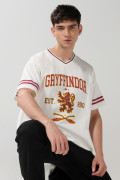 Camiseta cuello V oversize crema con arte de Harry Potter