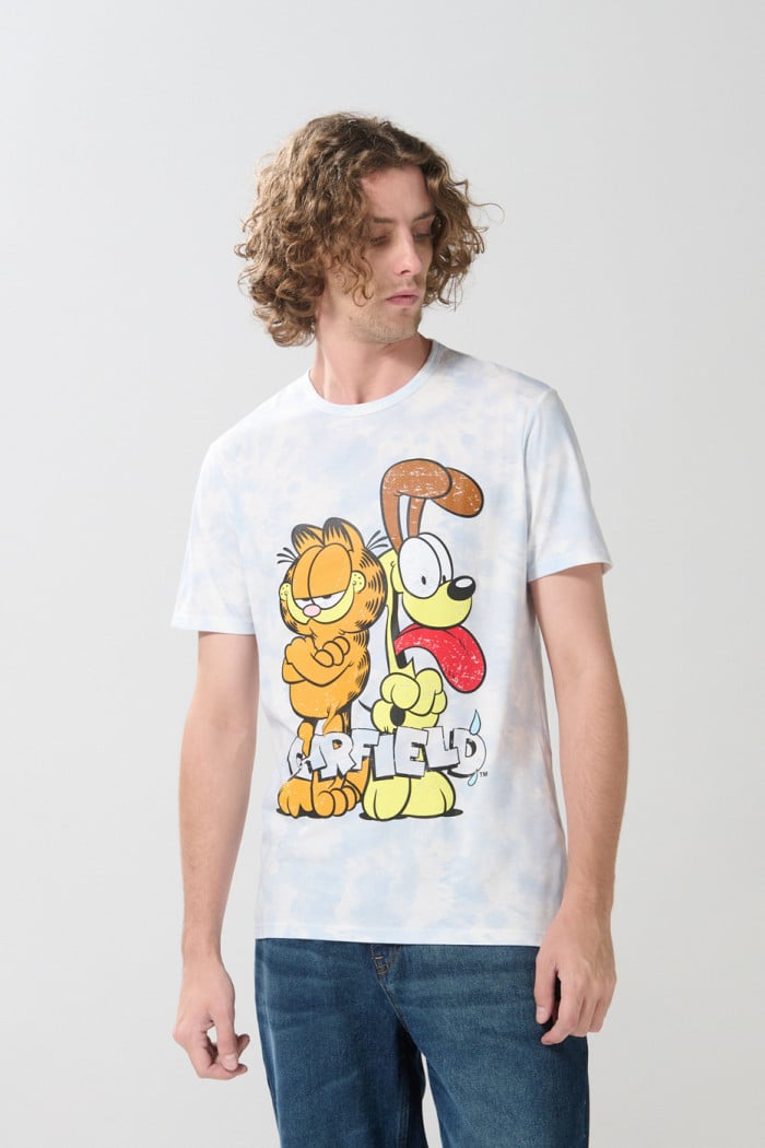 Camiseta crema tie dye manga corta con arte de Garfield