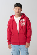 Buzo rojo con cremallera, capota y estampado college