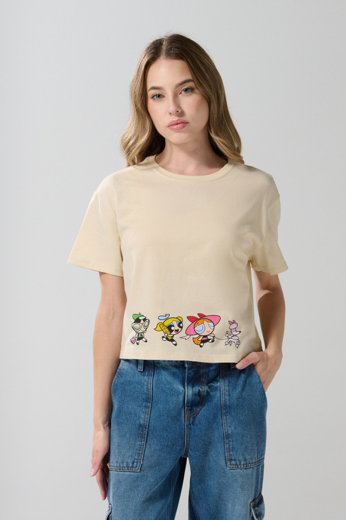 Camiseta kaki crop top con arte de Chicas Superpoderosas