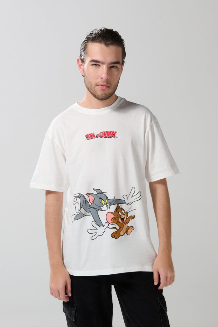 Camiseta de Tom y Jerry crema con cuello redondo