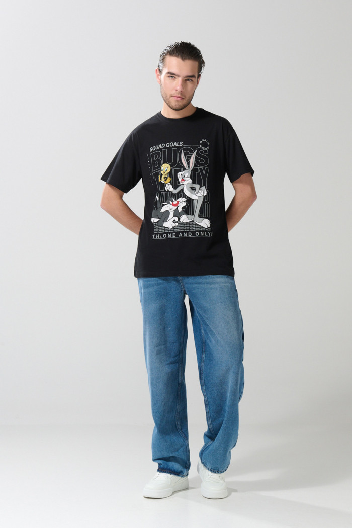 Camiseta negra de Looney Tunes en algodón manga corta
