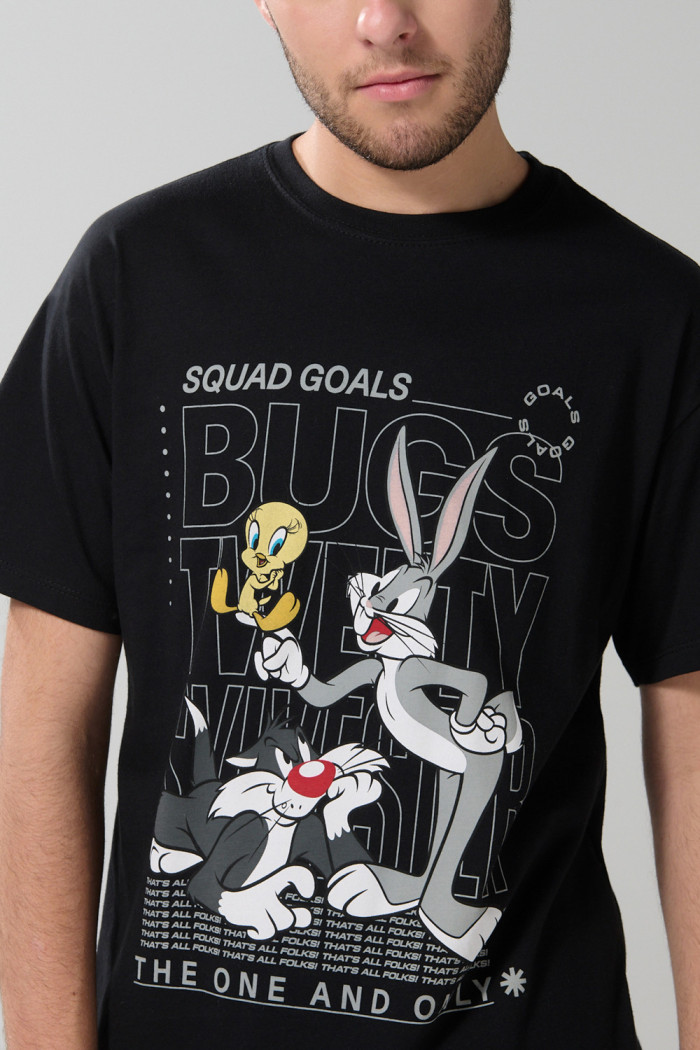 Camiseta negra de Looney Tunes en algodón manga corta
