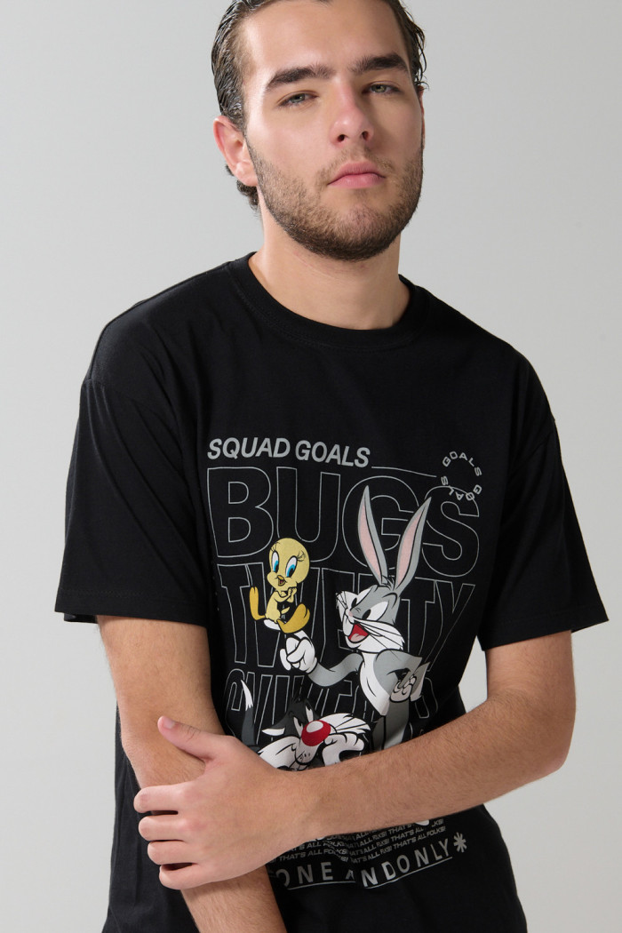 Camiseta negra de Looney Tunes en algodón manga corta
