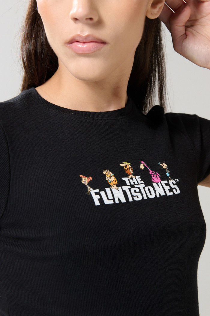 Camiseta en rib negra manga corta con arte de Los Picapiedra