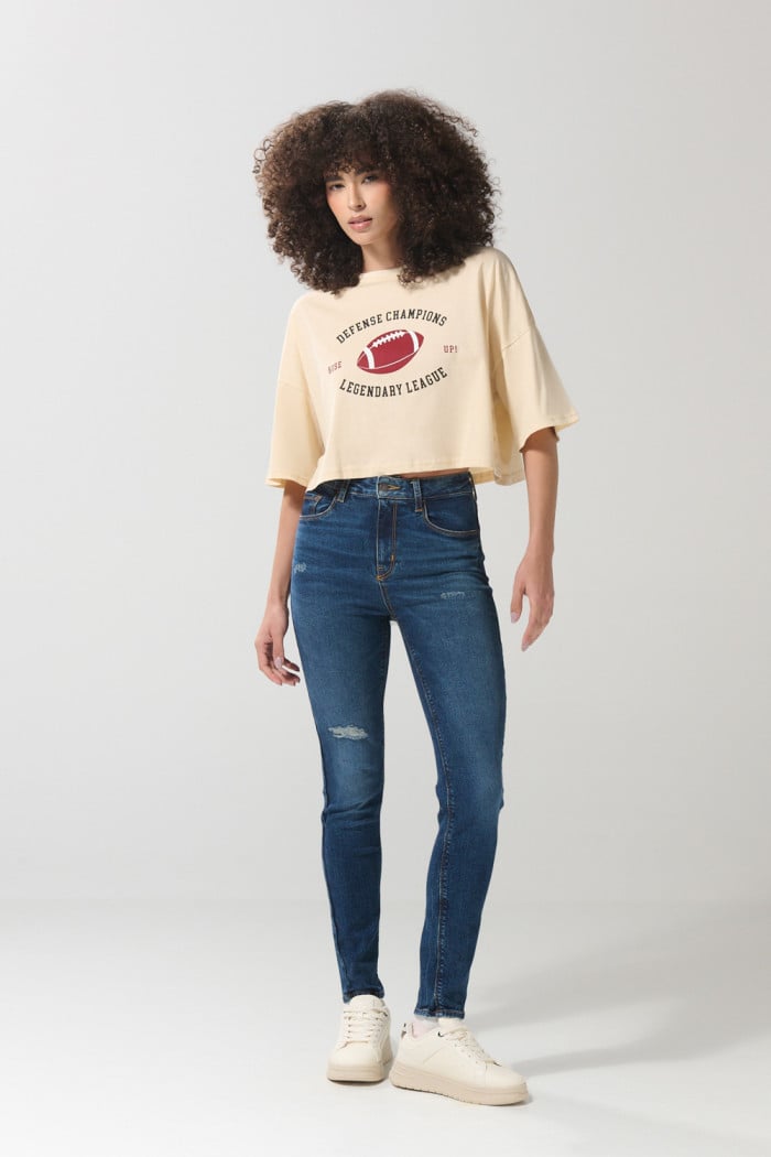 Jean jegging azul oscuro súper tiro alto con rotos en frente