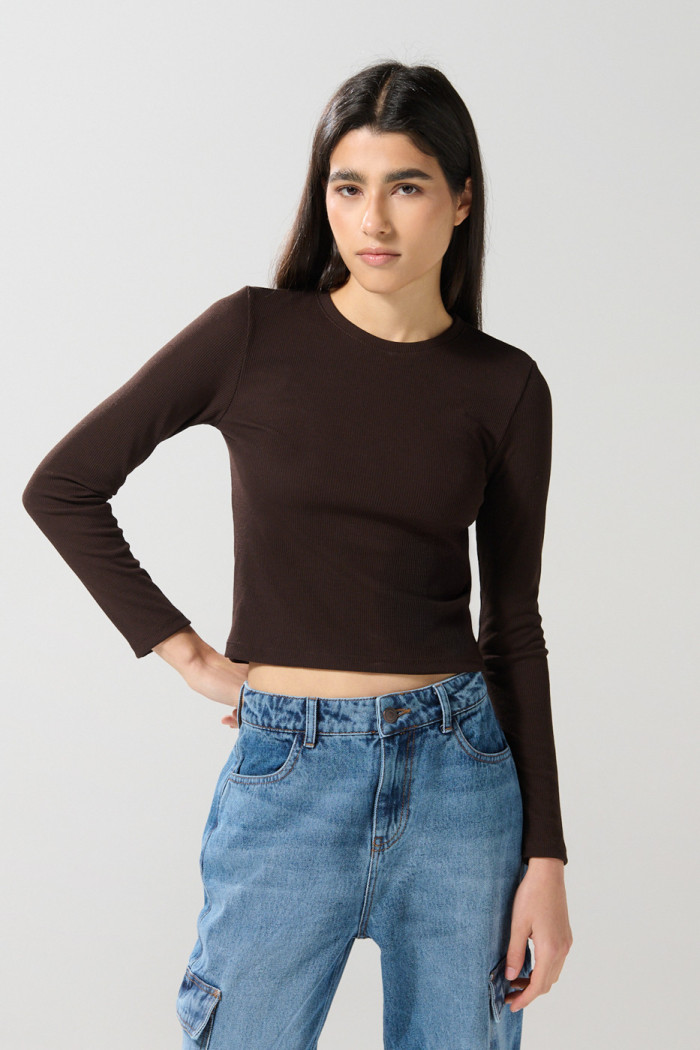 Camiseta manga larga unicolor en tela acanalada