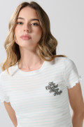 Camiseta en rib crema a rayas con manga corta