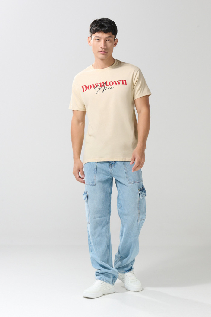 Camiseta kaki clara college con cuello redondo en algodón