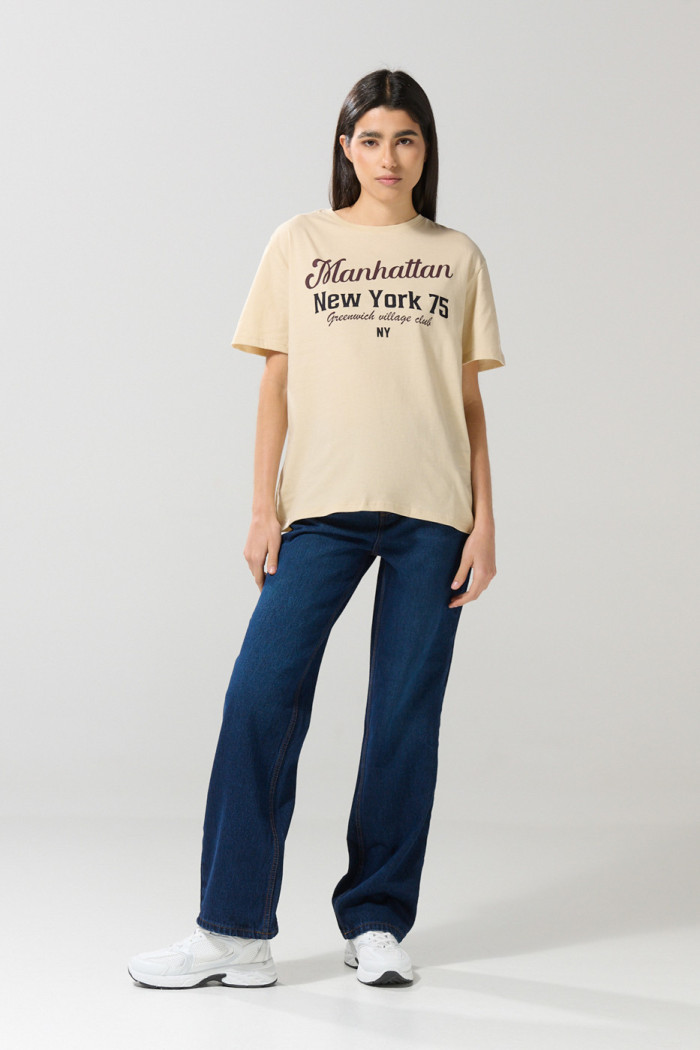 Camiseta cuello redondo kaki college en algodón