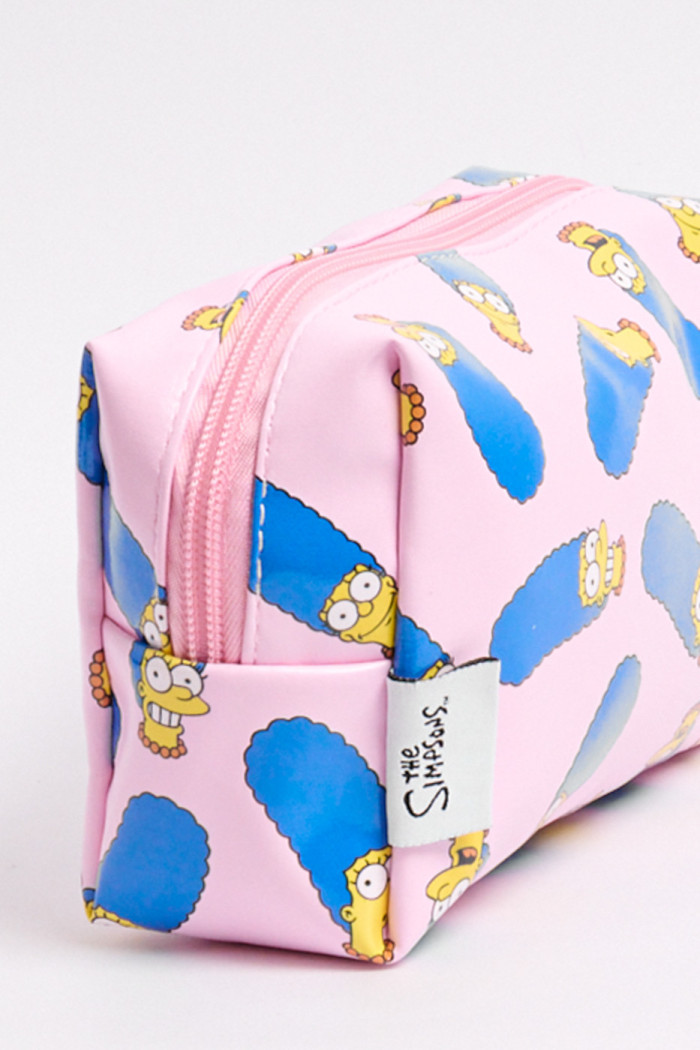 Cosmetiquera rosada clara con diseños de Los Simpson
