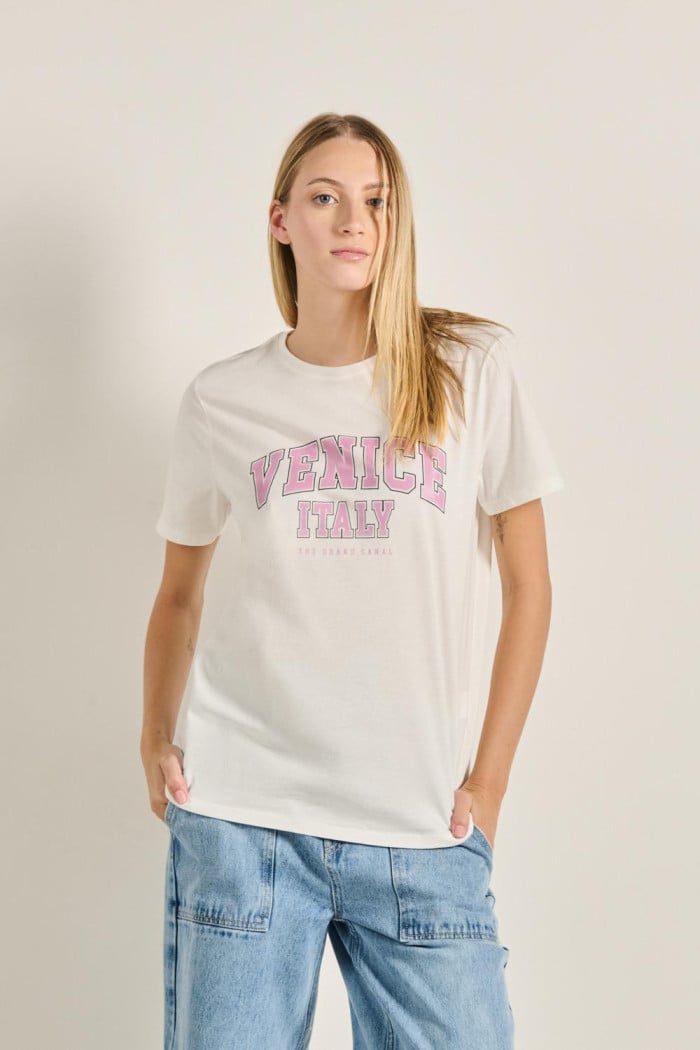 Camiseta cuello redondo unicolor con arte college de Venecia