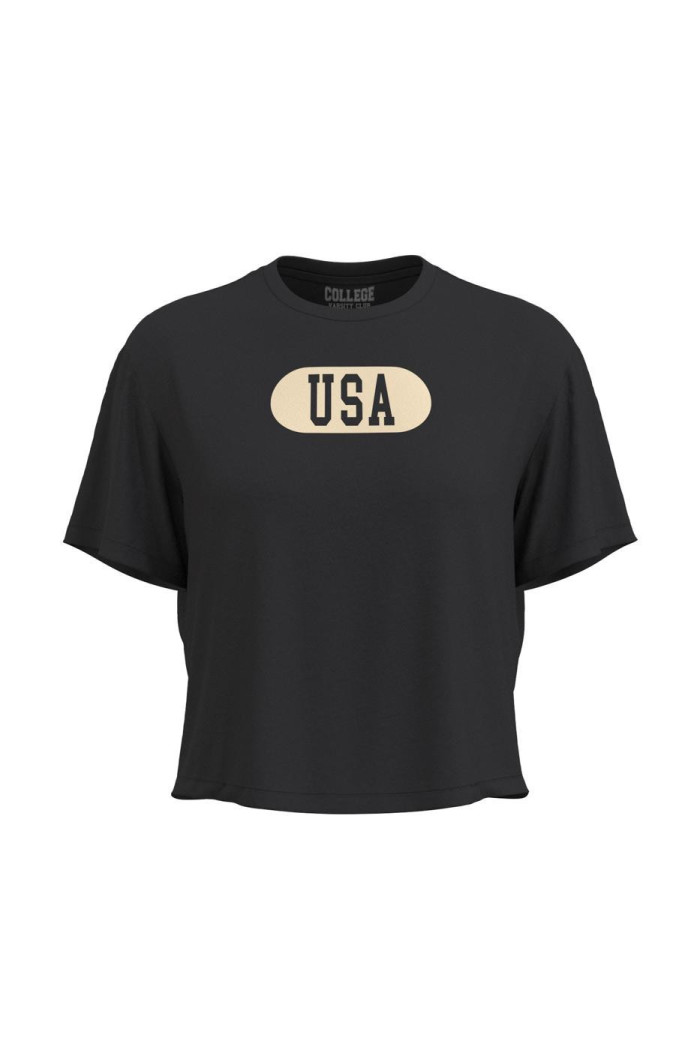 Camiseta crop top unicolor con diseño college de USA