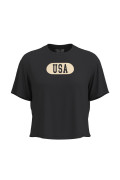 Camiseta crop top unicolor con diseño college de USA