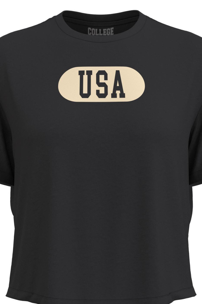 Camiseta crop top unicolor con diseño college de USA
