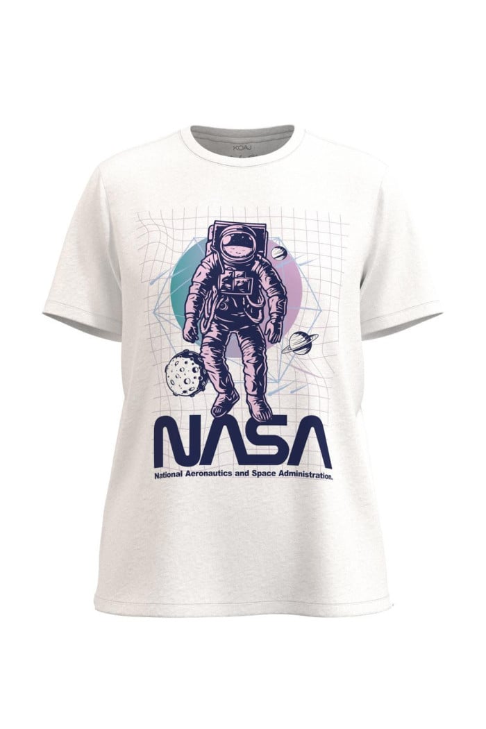 Camiseta unicolor con estampado de NASA y cuello redondo