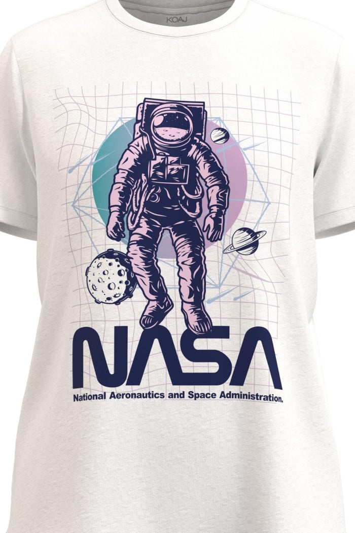 Camiseta unicolor con estampado de NASA y cuello redondo