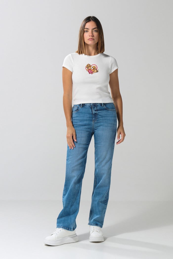 Camiseta ajustada unicolor manga corta estampada