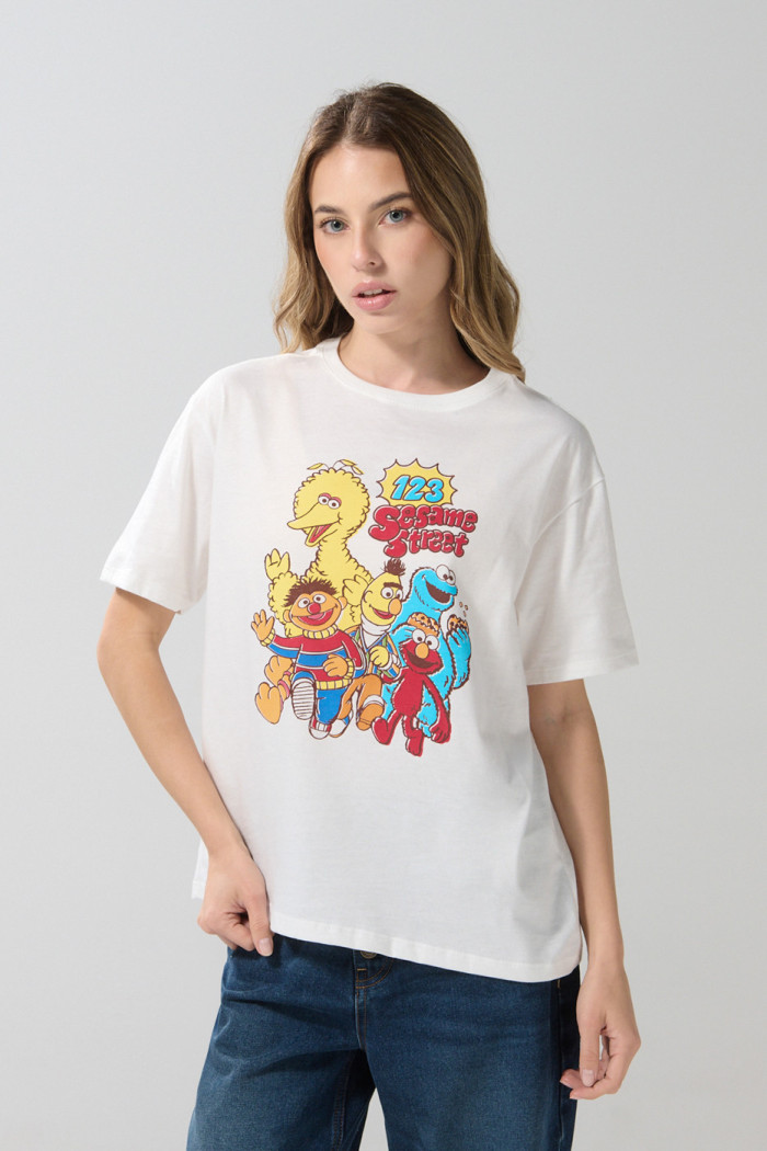 Camiseta de Plaza Sésamo crema en algodón manga corta