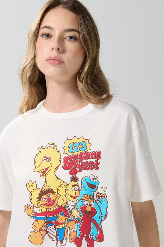 Camiseta de Plaza Sésamo crema en algodón manga corta
