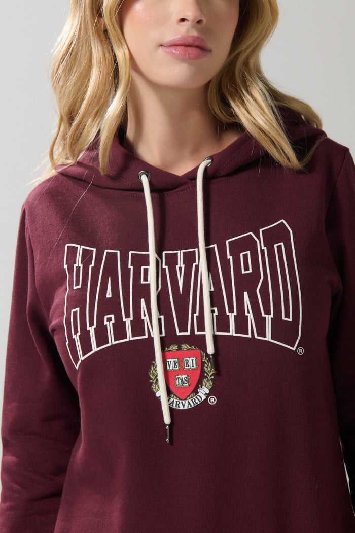 Buzo rojo oscuro con capota y diseño de Harvard