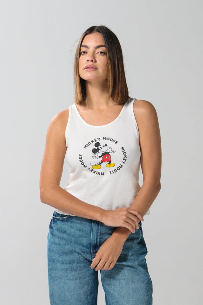 Camiseta manga sisa crema clara con arte de Mickey