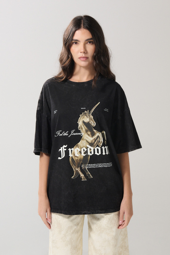 Camiseta oversize gris con diseño mitológico y manga corta