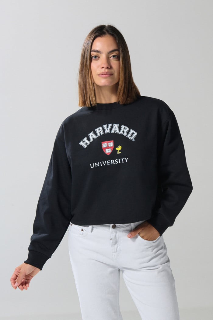 Buzo negro crop top con arte de Snoopy & Harvard