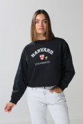 Buzo negro crop top con arte de Snoopy & Harvard
