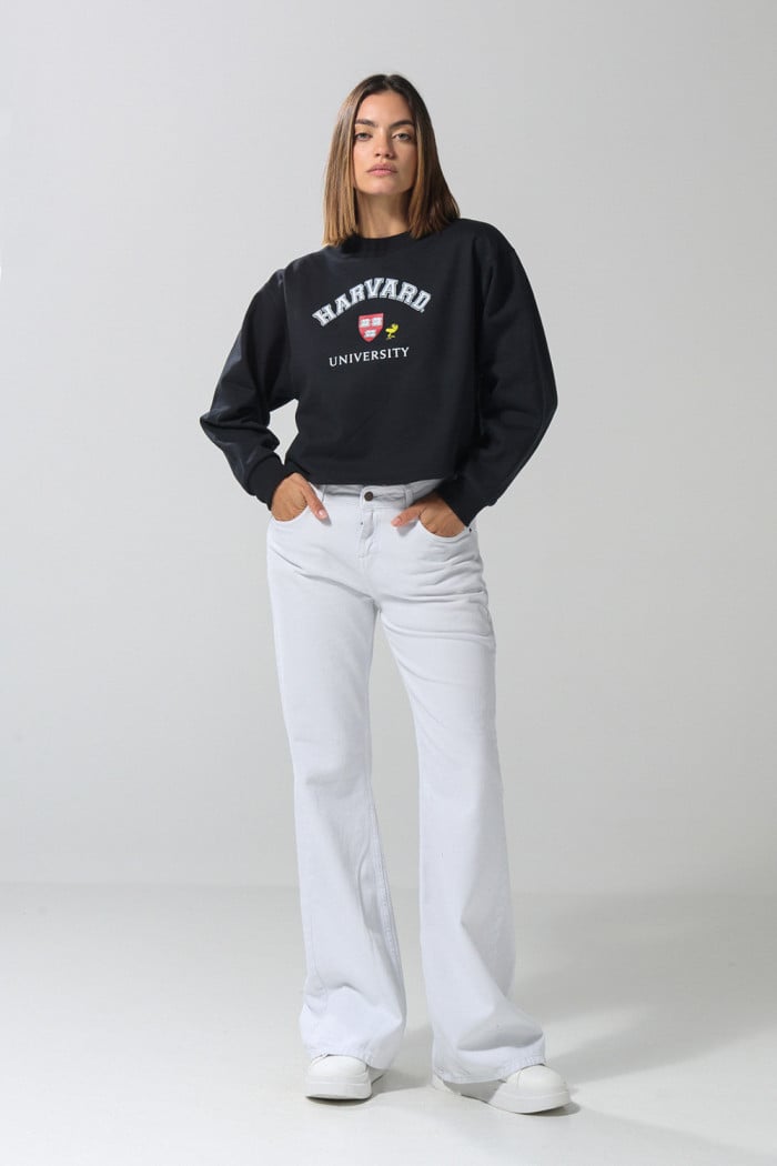 Buzo negro crop top con arte de Snoopy & Harvard