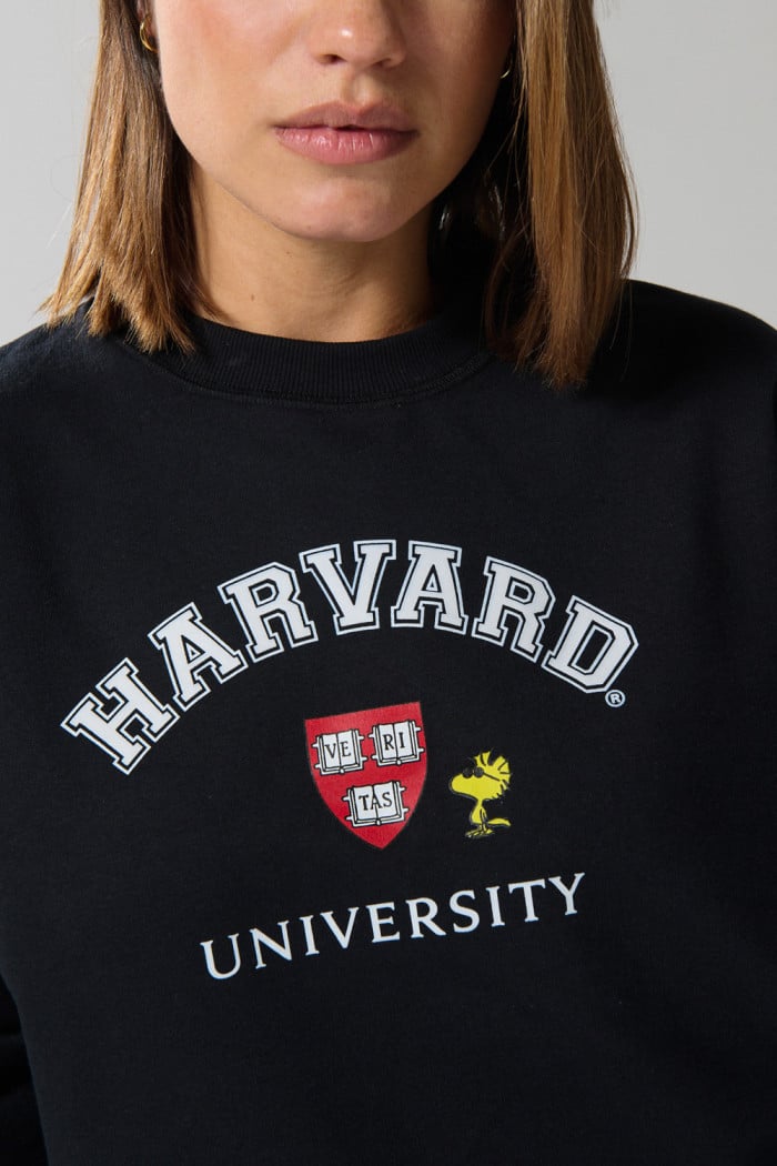 Buzo negro crop top con arte de Snoopy & Harvard