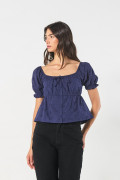 Blusa unicolor manga aglobada corta con recogido en cintura