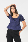 Blusa unicolor manga aglobada corta con recogido en cintura