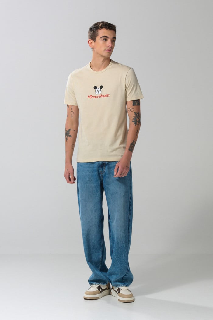 Camiseta cuello redondo de Mickey unicolor en algodón