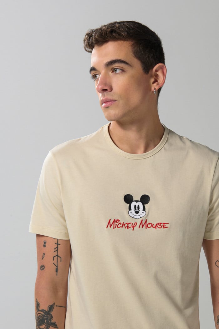 Camiseta cuello redondo de Mickey unicolor en algodón