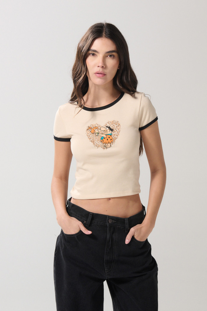 Camiseta en rib de Los Picapiedra kaki con cuello redondo