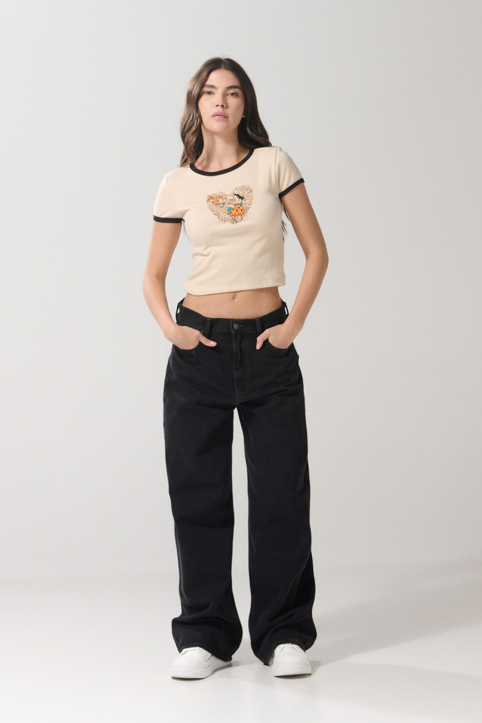 Camiseta en rib de Los Picapiedra kaki con cuello redondo