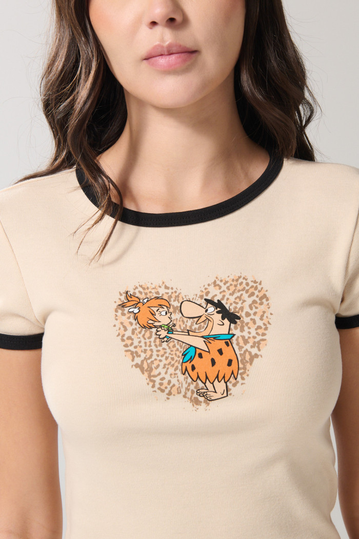 Camiseta en rib de Los Picapiedra kaki con cuello redondo